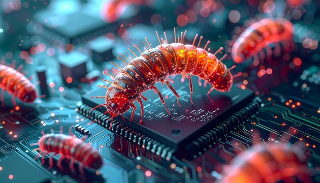 Digital Virus Microscopic View on Computer Circuit Board.