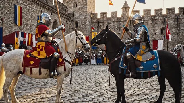 Medieval jousting tournament scene with two knights in shining armor on horseback in a castle courtyard at golden hour lighting, detailed historical reenactment video footage