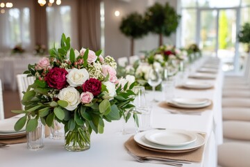 Fototapeta premium Elegant Wedding Reception Decor Featuring Beautiful Floral Arrangements