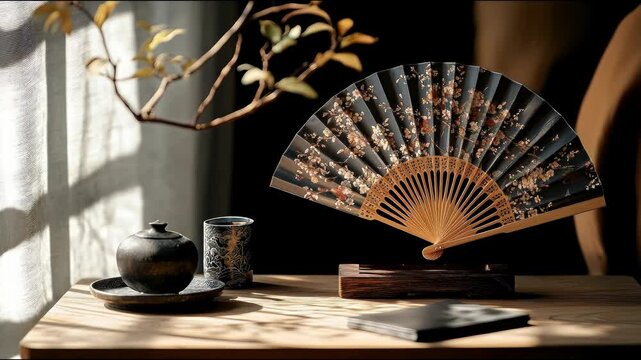A black fan with floral design sits on a wooden stand. A serene still life features a teacup, a small vase, and a book with sunlight