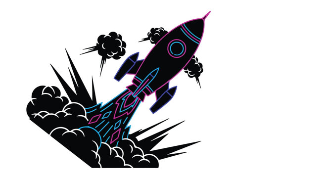 Rocket ship launches into deep space leaving a trail of thick dark smoke behind.