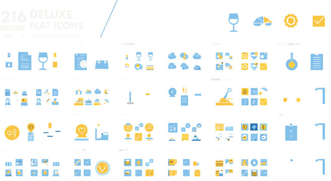 Business and service flat icons set featuring finance, food, communication, productivity tools, user interface elements, and modern digital dashboard design concepts