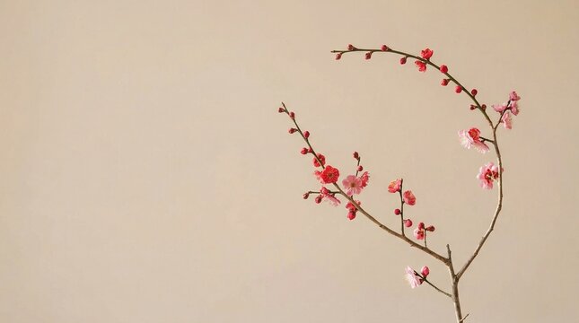 Minimalist Pink Plum Blossom Branch on Soft Beige Background with Copy Space