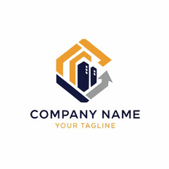 Modern Hexagonal Logo Design with Buildings and Arrow.