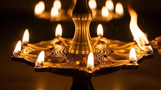 Elegant traditional brass diya with glowing wicks for Diwali celebration