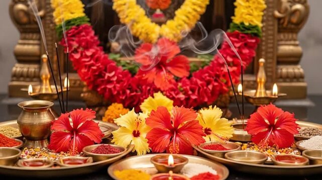 Traditional Hindu Ritual Setup with Flowers and Priests