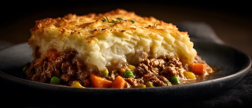 Silky strand of lamb vegetable dance tender potato beneath velvety crust of Eurasian Singaporean inspired Shepherd's Pie clean professional stock photo sharp macro photography style cinematic realism