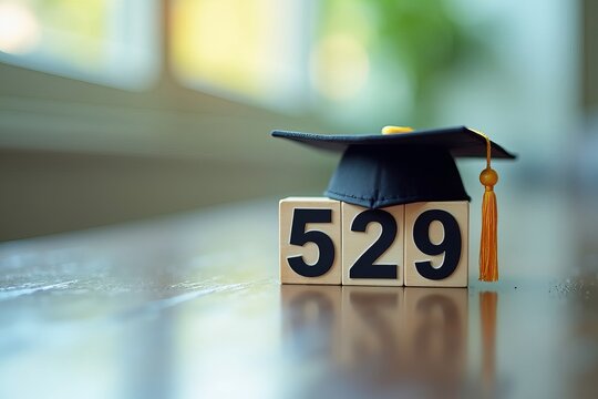 Symbolizing College Savings: Close-up of Number 529 with Graduation Hat on Reflective Desk