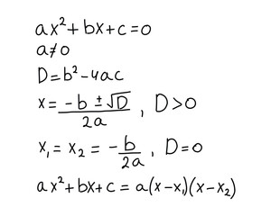 Handwritten quadratic equation formulas on white background for math education and study materials