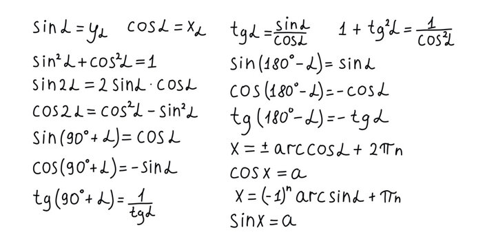 Handwritten trigonometric formulas and identities on white background for math education