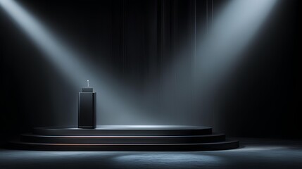 Podium in the spotlight: A dark, minimalist podium sits center stage, bathed in the dramatic glow of spotlights, creating an atmosphere of anticipation and importance.
