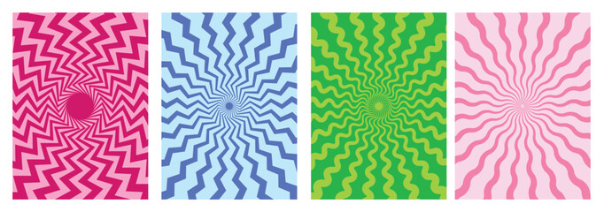 Spiral swirl wavy abstract retro groovy poster design. Funky sun wave illustration. Psychedelic geometric twirl vector background.