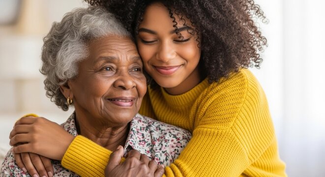 A young woman embraces her grandmother with affection and care, showing intergenerational love.