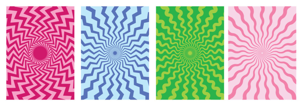 Spiral swirl wavy abstract retro groovy poster design. Funky sun wave illustration. Psychedelic geometric twirl vector background.