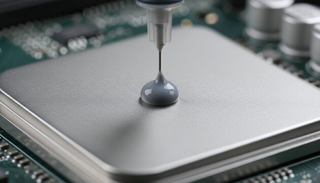 Grey thermal paste drop applied on computer CPU processor macro