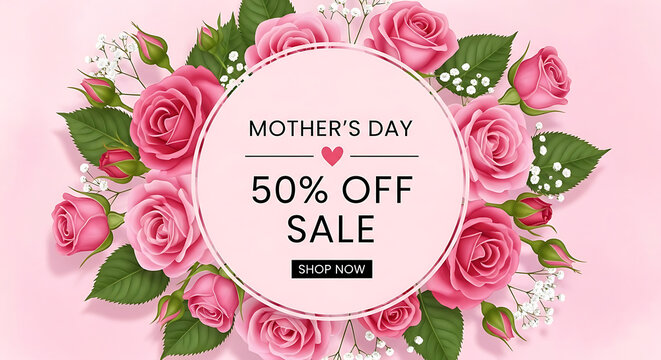 Beautiful pink roses with a mother's day sale banner for a special discount offer