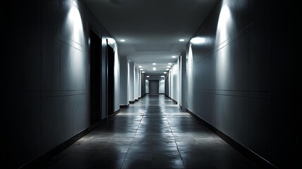 Dark Corridor: An eerily illuminated long corridor with a strong sense of perspective, the play of light and shadow, creating a moody, atmospheric ambiance. 