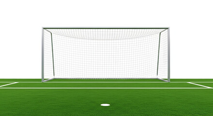 Fototapeta premium A well-maintained soccer goal on a lush green field under clear skies.