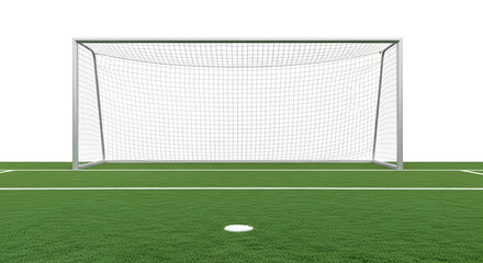 Fototapeta premium A soccer goal with a ball in front of it on a green field.