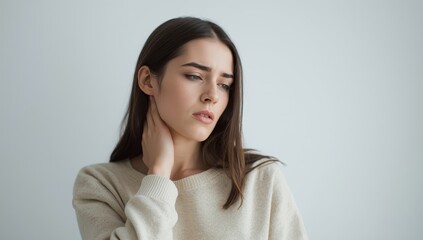 Obraz premium A young woman with a neck ache in a serious, casual pose against a white background