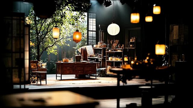 A dimly lit stage depicts an oriental interior. Lanterns, furniture, & shelving hint at a kitchen. Foliage frames a window, bathed in a soft light
