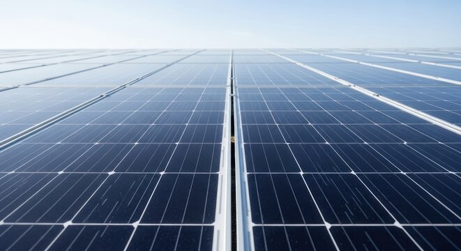 Rows of blue solar panels stretching into the distance under a clear, bright sky
