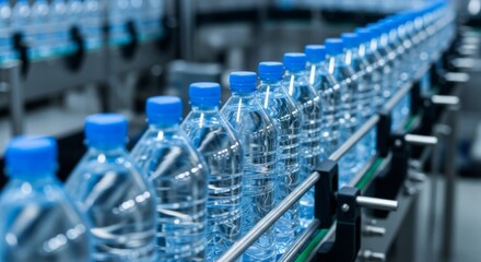 Obraz premium Bottles of clear water move along a conveyor belt in a manufacturing facility.
