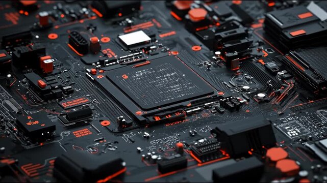 A high-angle view showcases a detailed circuit board, featuring dark tones with vibrant red accents. Components are densely arranged