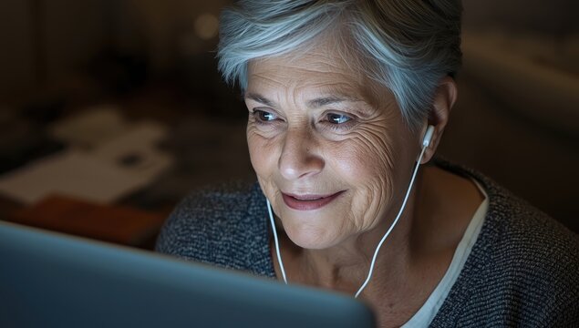 Elderly woman with headphones gazing at a laptop screen