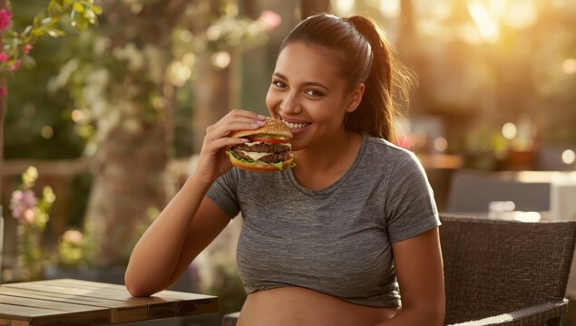 Expecting woman consumes a burger
