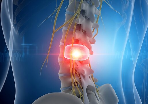 Detailed 3D medical illustration of human spine with highlighted herniated disc and nerves from a back viewpoint