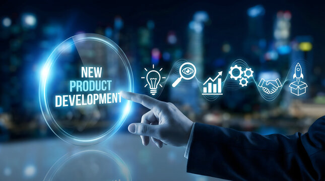 Professional hand touching a glowing virtual circle with new product development text and process icons in a dark digita