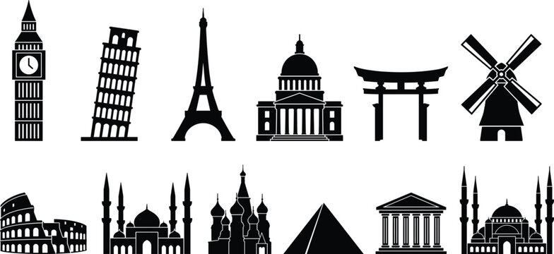 World landmark silhouette icons collection featuring Eiffel Tower Big Ben Colosseum pyramids mosques temples and famous monuments black vector travel symbols
