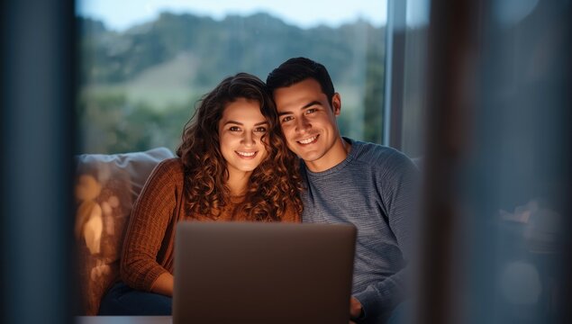 Joyful couple with laptop at home, seen through a window