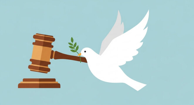 Dove holding olive branch flying with wooden gavel on a light blue background symbolizing peace and justice