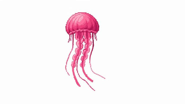 A pixelated pink jellyfish floats against a white backdrop, tentacles trailing down