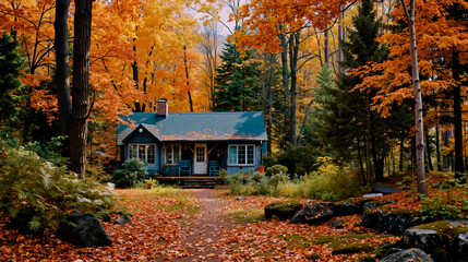 A quaint blue house with a white door and windows surrounded by a forest of autumn trees
