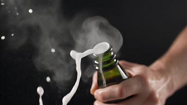 Close-up of a hand opening a bottle of sparkling wine with foam and vapor erupting against a dark background.
