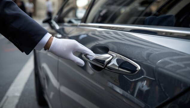 Valet opening gray car door on the street