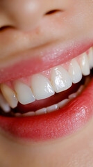 Close-up of a person's smiling face with red lipstick and white teeth