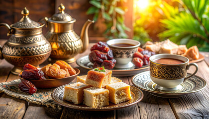 Fototapeta premium Ornate teapot with dates and pastries on tray, mosque domes and minarets glowing at sunset, palm trees and desert creating serene Islamic cultural ambiance.
