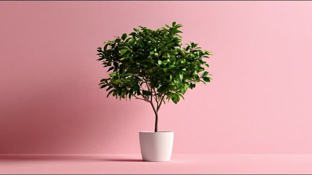 A small potted tree with green leaves stands against a textured pink backdrop, simple and elegant