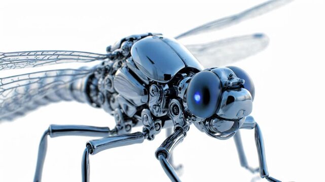 A metallic, mechanical insect with glossy, reflective surfaces and glowing blue eyes is featured against a bright white backdrop