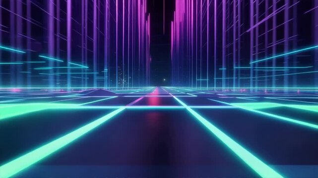 Futuristic digital landscape with neon grid lines and vibrant colors creating an abstract cybernetic environment.