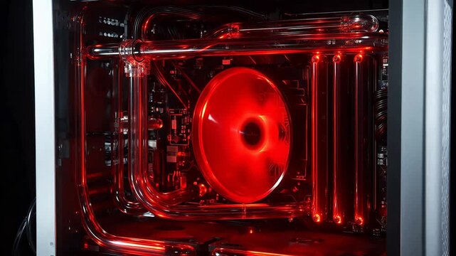 Computer case with red liquid cooling system