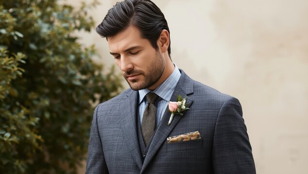 Outdoor portrait of a bearded man in formal attire, featuring a boutonniere; represents men's formal wear