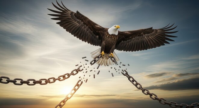 Majestic bird of prey breaks strong metal chains while soaring against a dramatic sky