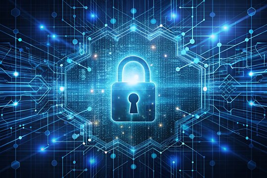 Secure digital padlock protecting data in futuristic cybersecurity environment