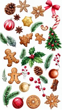 Festive Christmas Icons Watercolor Collection Pinecone Gingerbread Holly Candy Cane Ornaments