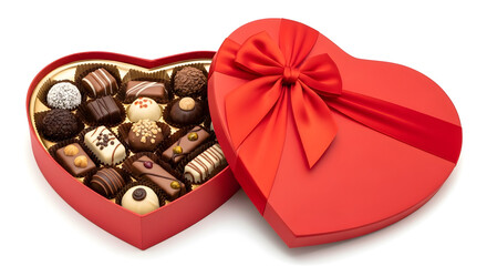 Fototapeta premium An inviting heart-shaped red box filled with various gourmet chocolates, perfect for valentine's day or a romantic gift